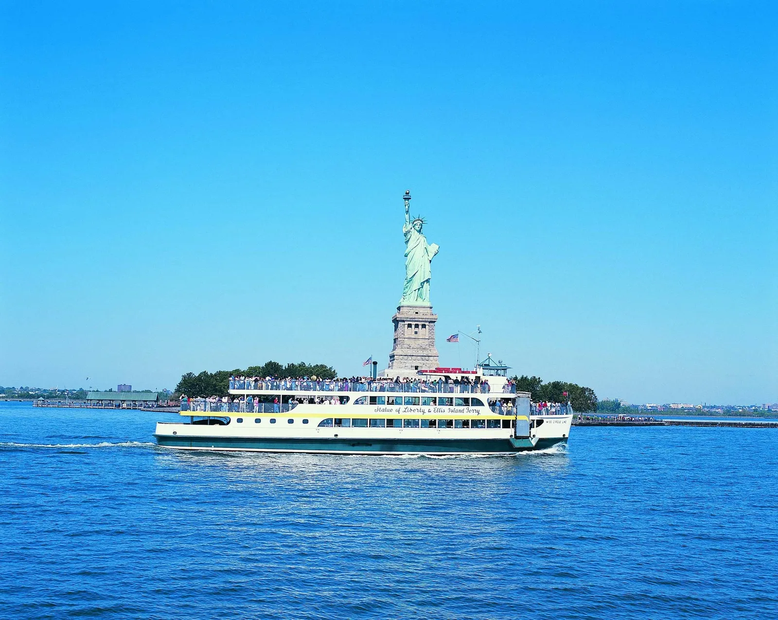 Staten Island with passenger ferry in foreground