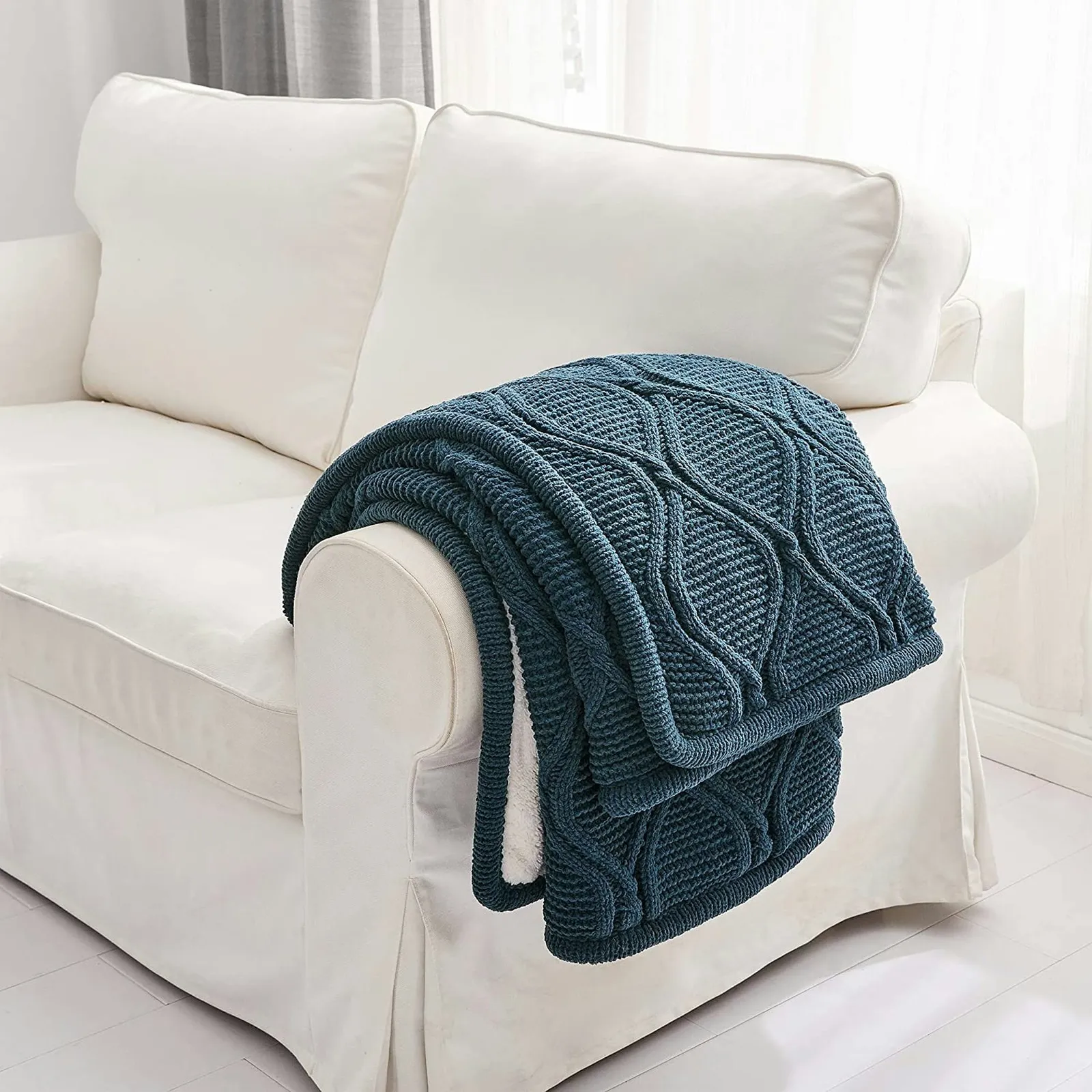 cable knit and sherpa throw blanket