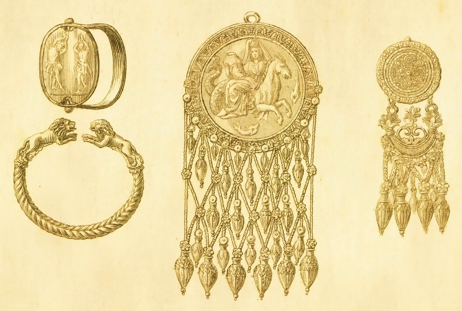 Ancient Greek golden and silver jewels with precious stones | Antique Historic Illustrations
