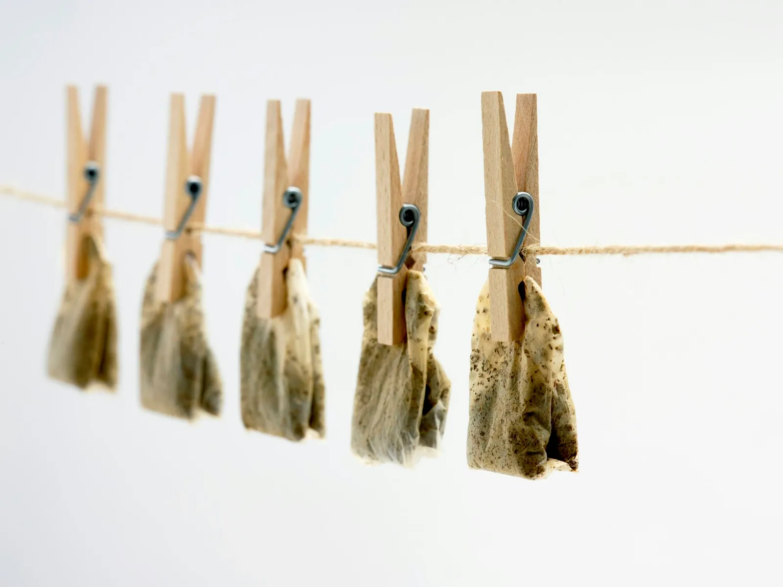 Tea bags drying on clothesline